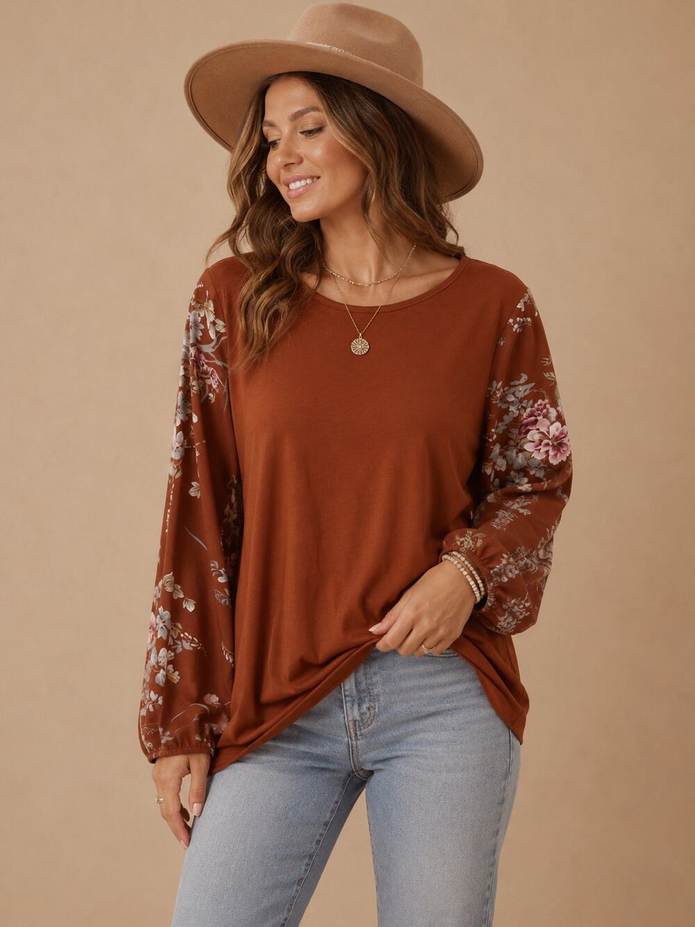 Emery Rose Floral Sleeve Top 1XL Cottagecore Boho Blouse Long Sleeve Shirt